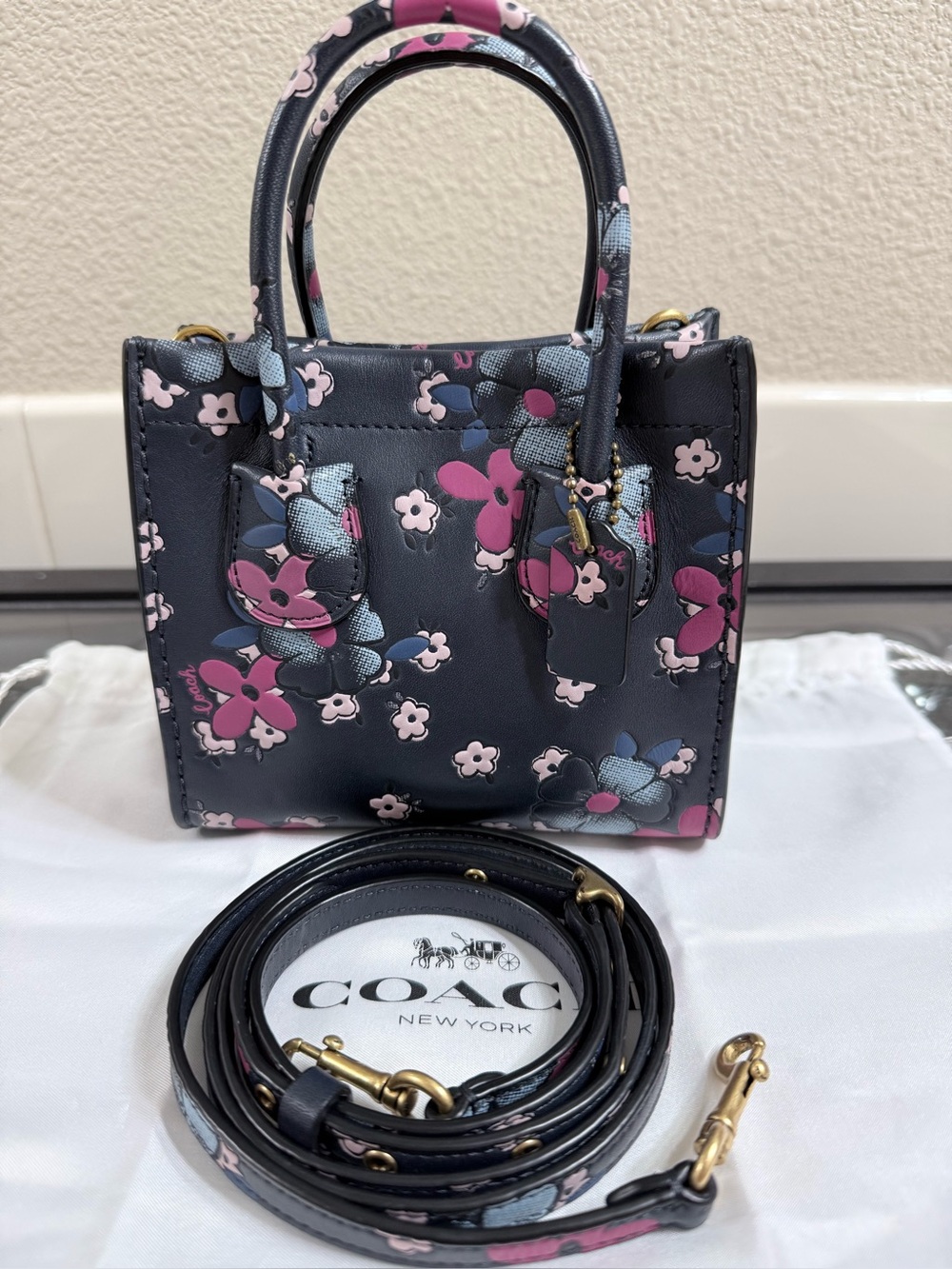 COACH Cashin 14 Floral Mini Tote in Navy and Pink VGUC